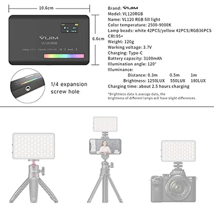 VIJIM VL120 RGB Video Light, Portable LED Camera Light Panel 0-360 Full Color, CRI 95+ 2500-9000K LED 3100mAh Rechargeable DSLR Lighting for Vlogging, Photography, Video Conference