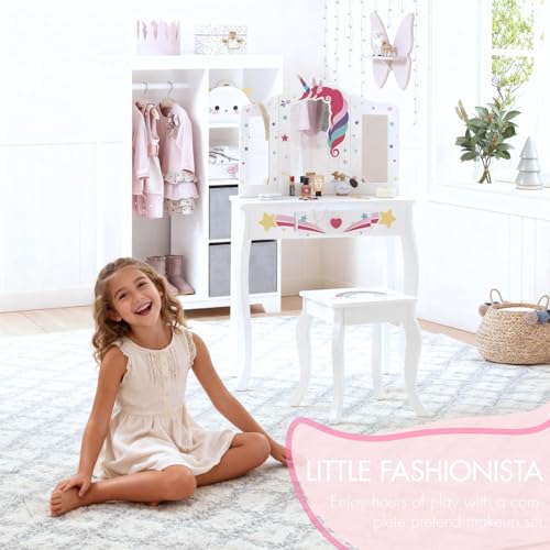 Spirich Kids Vanity, Girls Vanity Set with Mirror and Stool and Lights, Kids Vanity Table and Chair Set, Wooden Princess Makeup Desk Dressing Table - size: Unicorn and Rainbow