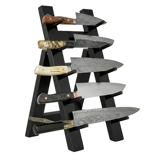 MyGift 5-Tier Premium Acacia Black Wood Knife Holder – Foldable A-Frame Countertop Cutlery Stand for Chef Knives, Kitchen Knife Storage and Drying Rack