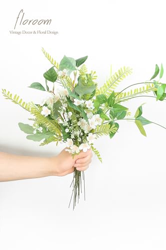 Floroom Artificial Greenery Stems Box Set, 35pcs with 5 Kinds of Faux Greenery Flowers Picks for DIY Bridal Bouquets Wedding Floral Arrangement Table Centerpieces, Light Green & White - color: Light Green & White
