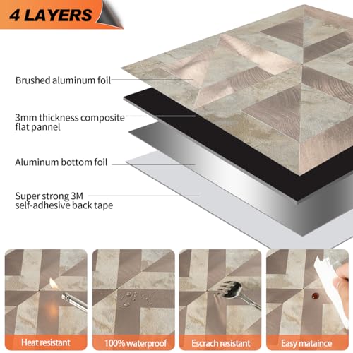 10-Sheets Stunning 3D Visuals Peel and Stick Backsplash Mosaic Tiles, PVC Stone Texture Look,Heat Resistant Stick on Tiles for Kitchen Wall, Bathroom, Laundry Room(Beige Marble + Rose Gold) - color: Beig Marble + Rose Gold
