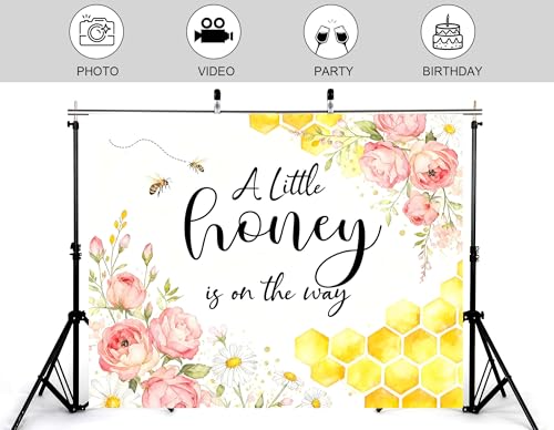 8x5ft A Little Honey Baby Shower Backdrop Sunflower Berry Bee and Minimal Honeycomb Photography Background Simple Sweet Baby Shower Party Decor Photo Booth Banner Props - size: 8x5ft