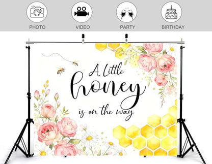 4x4ft A Little Honey Baby Shower Backdrop Sunflower Berry Bee and Minimal Honeycomb Photography Background Simple Sweet Baby Shower Party Decor Photo Booth Banner Props - size: 4x4ft