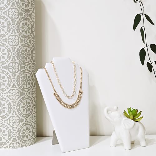 MOOCA 6 Pieces Deluxe White Faux Leather Covered MDF Wood with Cardboard Easel Necklace Display, Jewelry Stand Necklace Display for Craft Shows, 8 1/2 W x 3" D x 12 1/2 H in - color: White Faux Leather