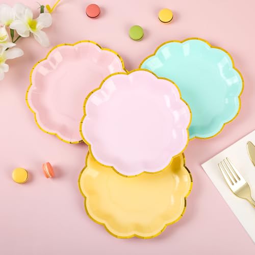 AimFun 48 Pcs Pastel Scalloped Paper Plates 7 Inch Disposable Macaron Colorful Dessert Plates with Gold Edge Gradient Rainbow Party Supplies for Wedding Birthday Baby Shower Bridal Summer Decorations - color: Pastel