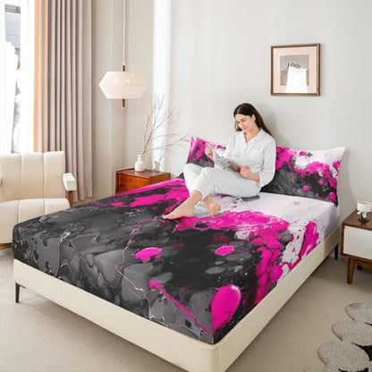 Abstract Art Fitted Sheet Hot Pink Bed Sheets | Ombre Marble Texture Ink Fluid Art Gradient Black Marbling Sheets Queen Size Bed Set - color: Hot Pink, size: Queen