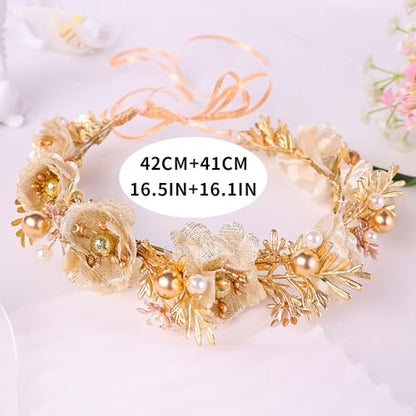 Adjustable Flower Crown Headband for Women - Floral Garland Hair Wreath with Crystal Accents Perfect for Weddings Flower Wands Photo Props (Gold Flower Pearl, Adjustable) - color: Gold Flower Pearl