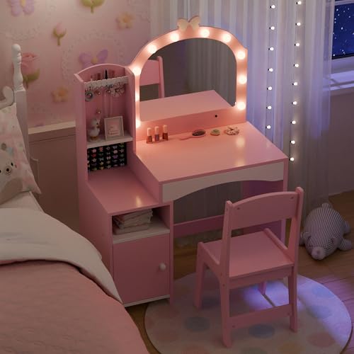 Girls Vanity Table and Chair Set, Kids Vanity with Jewelry Organizer for Princess, Toddler Makeup Vanity Desk with Open Shelf, Closed Cabinet and Butterfly Pattern, Pink - color: Pink