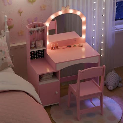 Girls Vanity Table and Chair Set, Kids Vanity with Jewelry Organizer for Princess, Toddler Makeup Vanity Desk with Open Shelf, Closed Cabinet and Butterfly Pattern, Pink - color: Pink