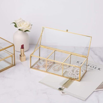 Feyarl Gold Glass Tea Bags Box Sea Shell Display Organizer Cosmetics Countertop Canister Box Jar Storage Glass Jewelry Trinket Ring Earring Box Container for Girl Women Gift
