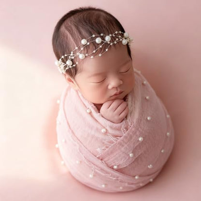 Baby Photo Shoot Props for Newborn Infant|Newborn Photography Wrap Pearl Raw Edge Swaddling Blanket & Headband Set (Baby Pink) - color: Baby Pink