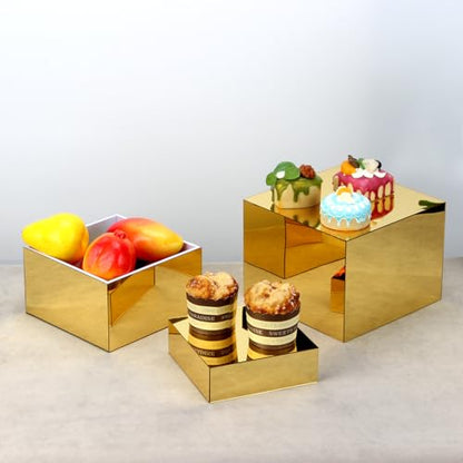 Acrylic Mirror Display Riser, 3 Pcs Glossy Gold Risers for Display Food Display Lifter Nesting Display Risers Hollow Bottom, Acrylic Box Rack Perfume Cosmetics Collection Stand - color: Gold