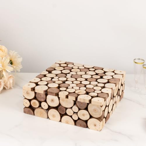 Efavormart 14x14 inch Natural Wooden Slices Square Dessert Stand, Compact Rustic Farmhouse Pedestal Riser with Hollow Bottom for Intimate Celebrations - size: 14"