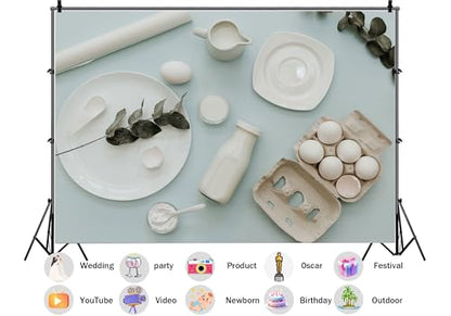 10X7ft Fabric Pastel Blue Flat Lay Baking Ingredients Backdrop Eggs Milk White Ceramics Eucalyptus Background Food Photography Wall Hanging Photo Studio Props - size: 10X7ft