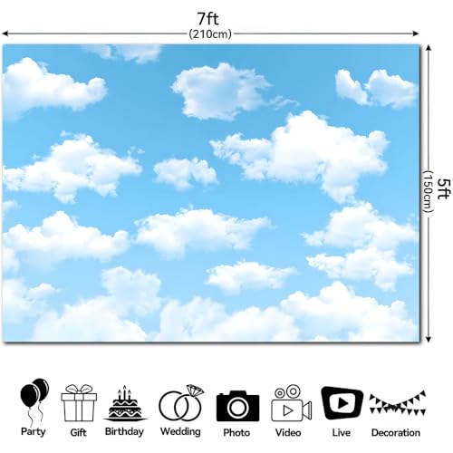 7x5FT Blue Sky White Clouds Photo Backdrop Natural Scenery Sunshine Theme Photography Background Wedding Newborn Baby Shower Kids Birthday Party Banner Decoration Supplies - size: 7x5FT