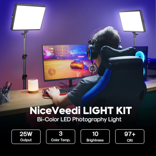 2-Pack Photography Lighting Kit, NiceVeedi 25W LED Video Light Kit, 2900-7000K Dimmable Studio Light with Tripod Stand, 73" Stream Light for Video Recording - color: 22W-2 Packs (AC Adapter)