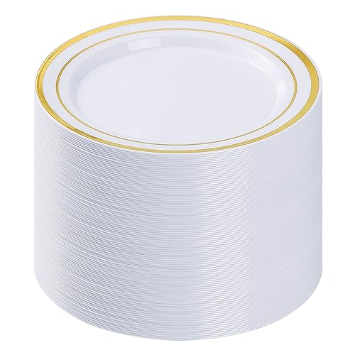 BESTVIP 100PCS Gold Plastic Plates, 10.25 Inch Disposable Dinner Plate Party with Gold Rim for Christmas, Thanksgiving, Heavy Duty Disposable Plastic Plates for Party, Wedding and Birthday, Events - color: Gold, size: 100PC