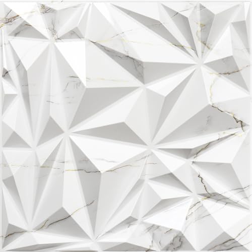 STICKGOO Diamond 3D Wall Panels for Interior Wall Decor, White Marble Mixed Gold Thread 3D Wall Panels, Accent PVC Wall Panels for Living Room, Lobby, Bedroom, Pack of 12 Tiles - color: White Marble Mixed Gold Thread