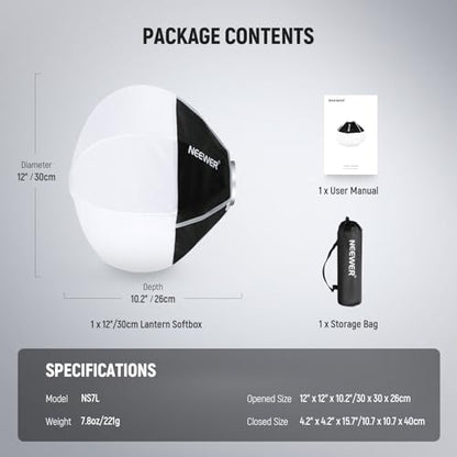 NEEWER Lantern Softbox for HS60B FS100B FS60C HB60B LED Video Light, 12" Quick Release 360° Omnidirectional Mini Light Diffuser(Not Bowens Mount) for Studio Photography Video Recording Streaming, NS7L