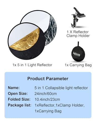 Selens Portable 24inch/60cm Light Reflector with Clamp,5 in 1 Collapsible Multi Disc Photography Reflector Translucent,Silver,Gold,White,Black for Studio Photography Lighting and Outdoor Lighting - size: 5 in 1 24inch with clamp