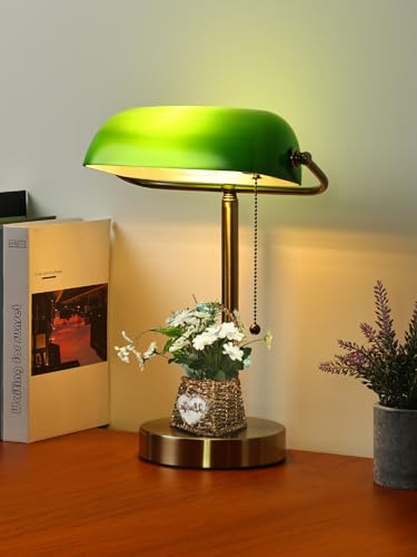 Traditional Green Glass Bankers Desk Lamp with Pull Chain Switch Plug in Fixture,LED Bulb Included - color: Green