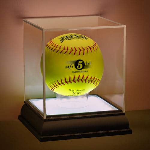 Softball Display Case with Led Light, UV Protected Cube with Wood Base Stand, Clear Acrylic Softball Holder for Single Autograph Ball - size: Single Softball Box LED