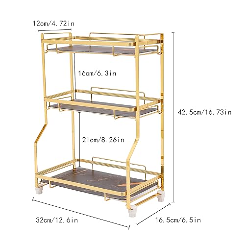 Makeup Organizer 3 Tier Bathroom Counter Organizer Cosmetic Storage Shelf for Dresser Decorative Wire Vanity Organizers Basket with Marbling Glass Tray itchen Spice Rack Standing Shelf - color: Black