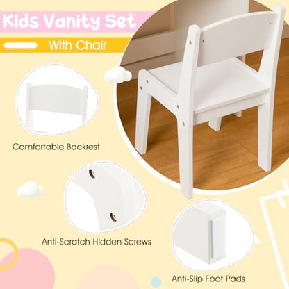 Costzon Kids Vanity with Lights, 2 in 1 Princess Makeup Desk & Chair Set with Lighted Mirror, Drawer, Storage Shelves & Cabinet, Toddler Dressing Table, Vanity Set for Little Girls, White - style: White with Cabinet