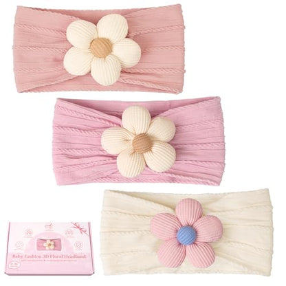 CÉLLOT 3 Pcs Baby Girl Headbands with Flower Nylon Headbands Soft Stretchy Headwear Hair Accessories for Newborn Infant Toddler Kids (Pink Beige Salmon) - color: Beige+Purple+Pink