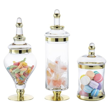 MyGift 3 Piece Set Antique Clear Glass Bathroom Apothecary Jars with Lid, Wedding Centerpiece, Kitchen Storage Jars with Metallic Brass-Tone Design - color: Gold