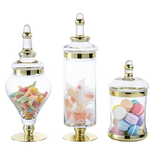 MyGift 3 Piece Set Antique Clear Glass Bathroom Apothecary Jars with Lid, Wedding Centerpiece, Kitchen Storage Jars with Metallic Brass-Tone Design - color: Gold