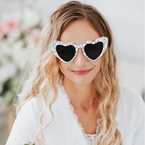 Etercycle Bride Sunglasses For Bachelorette, Heart Glasses Bride To Be Gifts, White Rhinestone Glasses For Bachelorette Party Favors - color: White Diamonds