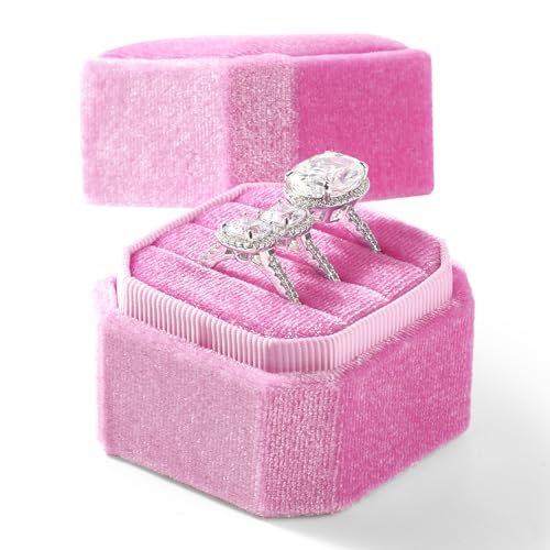 3 Slots Ring Box Velvet Ring Gift Box Wedding Day For Proposal, Engagement, Wedding, Mother's Day, Valentine's Day (Pink) - color: Pink