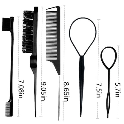 5Pcs Slick Back Brush Set with Topsy Tail Tool, Teasing Bristle, Rat Comb for Women & Girls Hair Styling, Flyaways Control and Edge Combing - BIACK - color: black