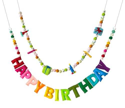 2 PCS Pre-Strung Happy Birthday Banner, Rainbow Party Decorations, HAPPY BIRTHDAY Felt Ball Garland, Personalized Birthday Sign for Birthday Decor, Party Supplies, Photo Prop, Decoración De Cumpleaños - color: Birthday Banner + Birthday Candles Gift Garla