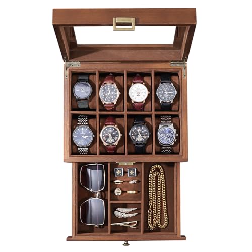 ProCase Wooden Watch Case, 8 Slot Mens Watch Box with Drawer, 2-Layer Mens Jewelry Box Storage Holder Organizer Display Case, Valentine Anniversary Birthday Gifts for Men Women -8 Slot, Brown - color: Brown, size: 8-Slot