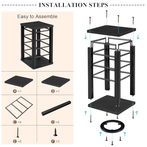Emfogo 360 Earring Holder Organizer, Rustic Wood Earring Stand, Rotating Wooden Display, 4 Tiers Earring Organizer Stand for Stud Earrings, Hoop Earrings & Necklaces, Women Gifts - color: Black