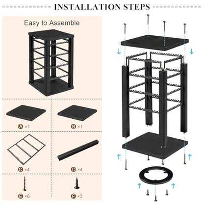 Emfogo 360 Earring Holder Organizer, Rustic Wood Earring Stand, Rotating Wooden Display, 4 Tiers Earring Organizer Stand for Stud Earrings, Hoop Earrings & Necklaces, Women Gifts - color: Black