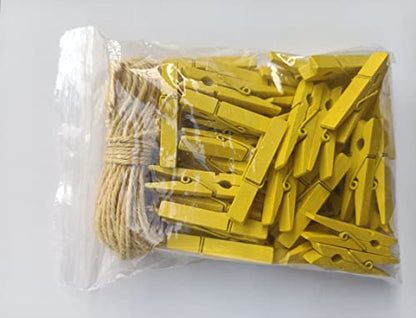 1.9" Yellow Wood Clothes Pins Easter Party Art Display Hanging Kit Place Card Holder Clothespin with Jute Rope Pack 50 - color: 50pcs (2 Inch) Yellow + Jute Twine