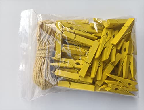 1.9" Yellow Wood Clothes Pins Easter Party Art Display Hanging Kit Place Card Holder Clothespin with Jute Rope Pack 50 - color: 50pcs (2 Inch) Yellow + Jute Twine
