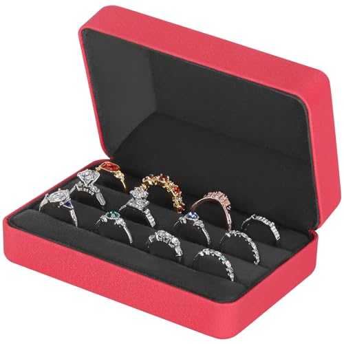 KUKUVR Velet Ring Storage Box for Multiple Rings, Travel Jewelry Ring Stud Earrings Holder Case, 3 Slot Portable Ring Display Organizer Case (Red) - color: Red