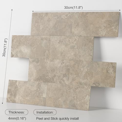 Peel and Stick Subway Tile Backsplash, 10 Sheets 12''x12''Beige Stone-Look 3D Wall Tiles, Thick & Strong Adhesive, Heat Resistant & Waterproof Stick On Tiles for Kitchen, Bathroom - color: Beige Stone Rock