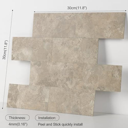 Peel and Stick Subway Tile Backsplash, 10 Sheets 12''x12''Beige Stone-Look 3D Wall Tiles, Thick & Strong Adhesive, Heat Resistant & Waterproof Stick On Tiles for Kitchen, Bathroom - color: Beige Stone Rock