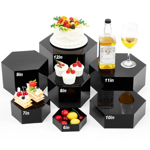 Leinuosen 7 Pcs Large Buffet Risers Set 6" to 12" Acrylic Display Box Catering Dessert Table Riser Food Display Decorative Stand with Hollow Bottom for Catering Supplies (Black, Hexagonal) - color: Black, size: 6" to 12", style: Hexagonal