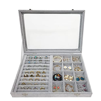 Ice Velvet Rings Organizer Box Mix 12 Grids Jewelry Tray Display Showcase with Clear Lid and Lock Grey - color: 12 Grids & 11 Slots