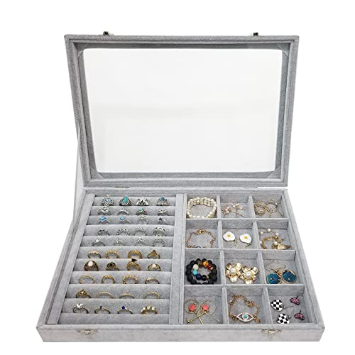 Ice Velvet Rings Organizer Box Mix 12 Grids Jewelry Tray Display Showcase with Clear Lid and Lock Grey - color: 12 Grids & 11 Slots