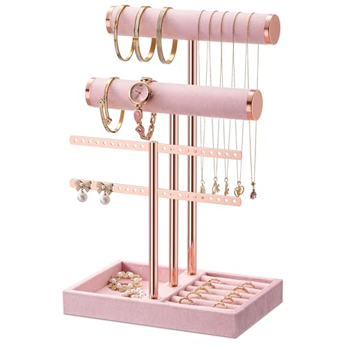 bussdis 3 Tier Bracelet Holder Display - Detachable T Bar Pink Velvet Bracelet Holder, Jewelry Holder Organizer for Bracelet, Necklace, Earrings, Rings - color: Pink, size: Standard