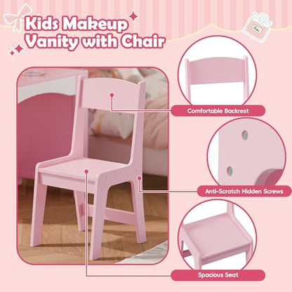 MU Kids Vanity with Lights, Princess Makeup Vanity Table and Chair Set for Girls, Toddler Vanity Desk with Open Bookshelf, Storage Cabinet & Shelves, Stools, Pink - color: Pink