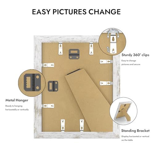 Hongkee 9x11 Picture Frame with Glass, Display Pictures 7x9 with Mat or 9 x 11 without Mat - Wall and Tabletop, 9 by 11 Photo Wooden Frames (Distressed White, 1 Pack) - color: Distressed White, size: 9X11 in
