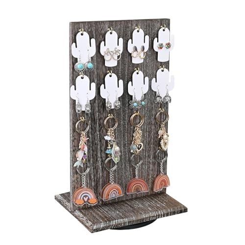 Ikee Design Wooden Rotating Two-Sided Jewelry Display Stand, Rotating Organizer with 32 Hooks for Store, Keychain Earring Display with Hooks, Coffee color, 9 W x 7.5 D x 16.5 H in - color: Coffee, 1 Piece, Standard Hook